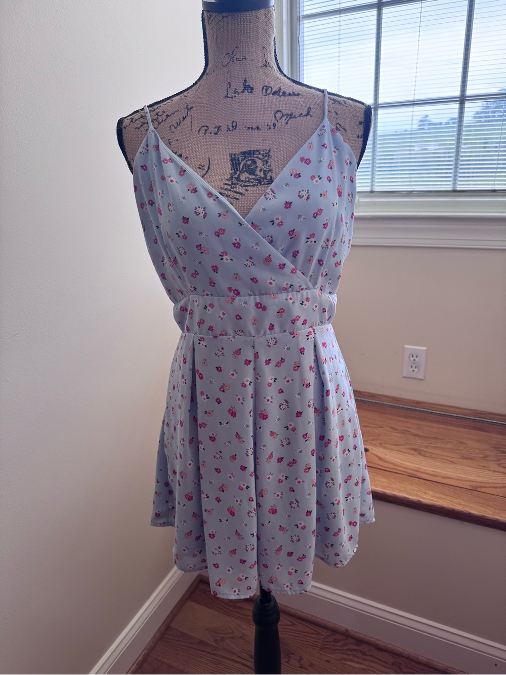 Altar'd State Light Blue Floral Romper with Pink Blossoms